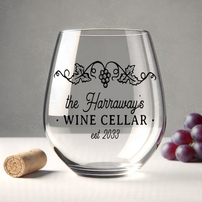 Wine Cellar with Grapes Personalized Name and Date Stemless Wine Glass (Creator Uploaded)