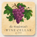 Wine Cellar with Grapes Vintage Personalized Name Coaster<br><div class="desc">Create your own, custom vintage-looking wine cellar coaster set with this easy template. These elegant cork-and-plastic drink coasters feature an antique cluster of purple grapes, recolored and brightened so they contrast nicely against the aged, slightly stained parchment background. The text reads [Your Name's] Wine Cellar, established [year]. All text can...</div>