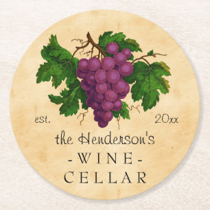 Wine Cellar with Grapes Vintage Personalized Name Round Paper Coaster