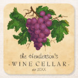 Wine Cellar with Grapes Vintage Personalized Name Square Paper Coaster<br><div class="desc">Create your own, custom vintage-looking wine cellar paper coaster set with this easy template. These elegant drink coasters feature an antique cluster of purple grapes, recolored and brightened so they contrast nicely against the aged, slightly stained parchment background. The text reads [Your Name's] Wine Cellar, established [year]. All text can...</div>