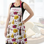 Wine & Cheese Tasting Print, Custom Text Apron<br><div class="desc">A custom apron featuring a pattern of wine bottles,  cheese and wine glasses.  Add a name or custom text to personalize. Perfect for a birthday,  bridal shower gift or anyone who loves wine or has a wine cellar.</div>