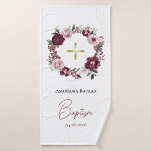 Wine-Coloured & Pink Flowers Wreath Baptism Gift Bath Towel