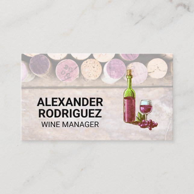 Wine Corks on Wooden Table | Wine Bottles Business Card (Front)