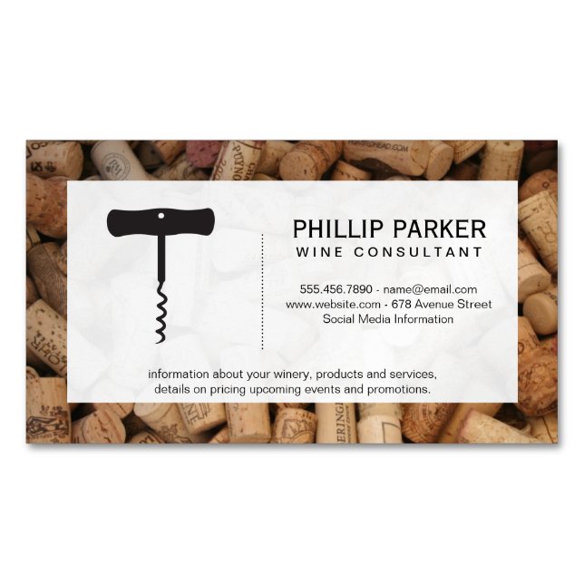 Wine | Corkscrew (cork pile) frame Magnetic Business Card (Front)