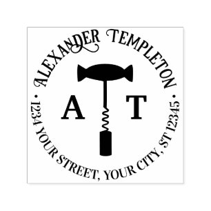 Wine Corkscrew Name Return Address 2 Initials  Self-inking Stamp