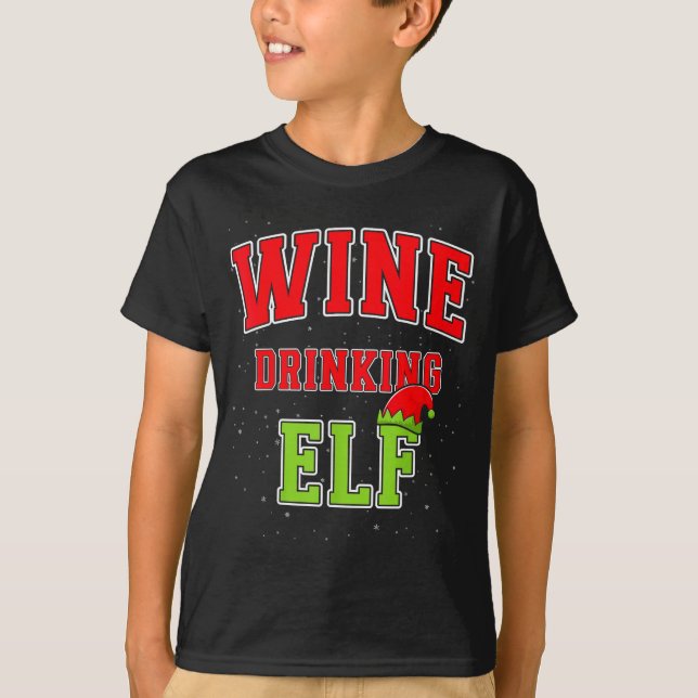 Wine Drinking Elf Christmas Family Matching Group  T-Shirt (Front)