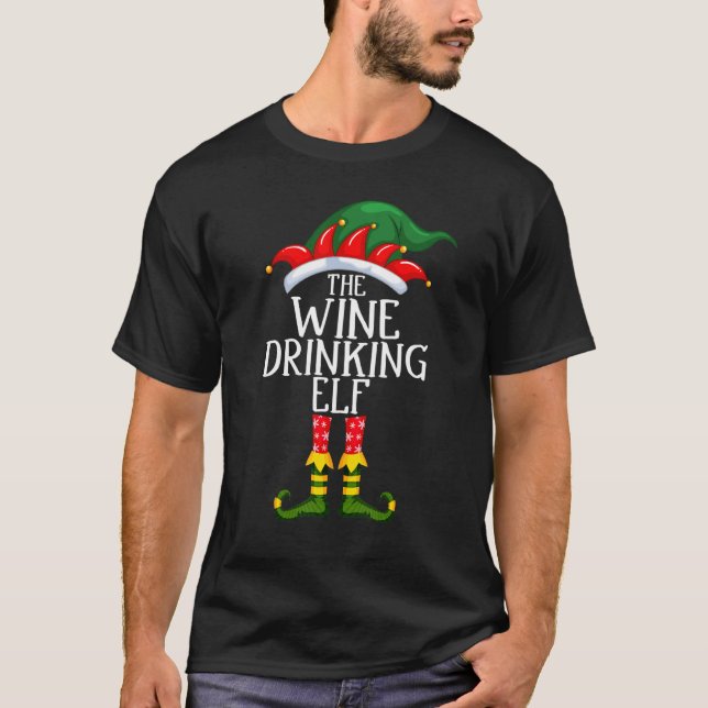 Wine Drinking Elf Matching Family Group Christmas T-Shirt (Front)