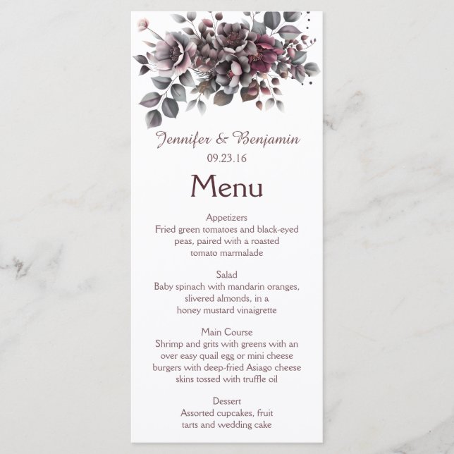 Wine, Dusty Purple, Dark Teal Wedding | Menu (Front)