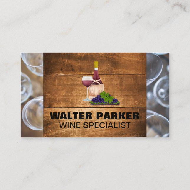 Wine Glass and Bottle | Wood Background Business Card (Front)