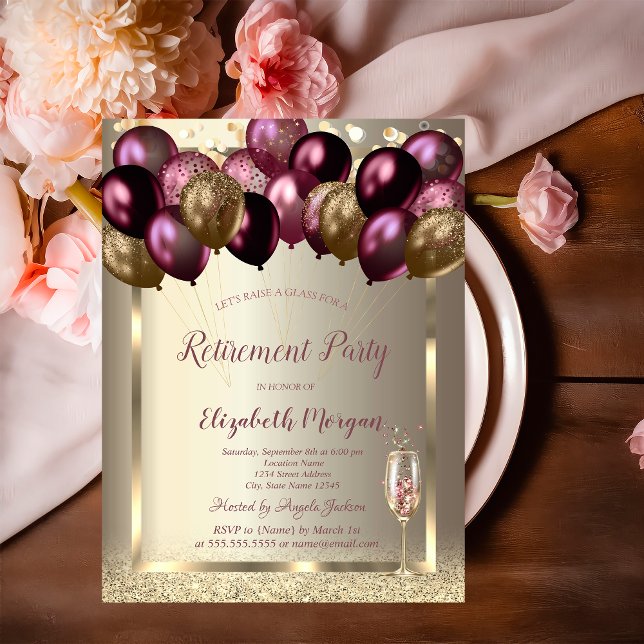 Wine Glass Balloons,Burgundy Champagne Retirement  Invitation (Creator Uploaded)