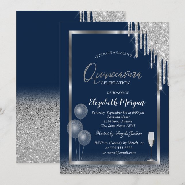 Wine Glass Balloons Glitter Drips Blue Quinceañera Invitation (Front/Back)