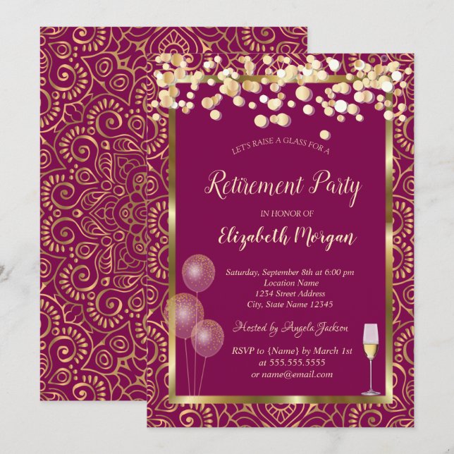 Wine Glass Balloons Gold Mandala Pink Retirement Invitation (Front/Back)