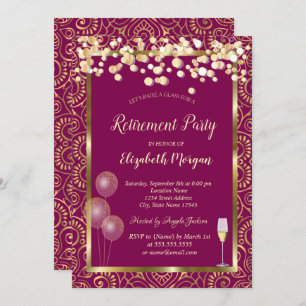 Wine Glass Balloons Gold Mandala Pink Retirement Invitation