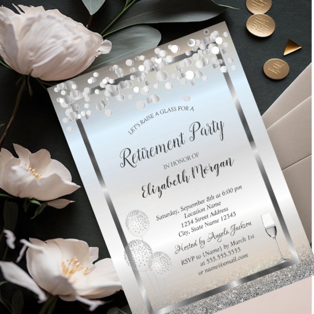 Wine Glass Balloons Silver Glitter Retirement Invitation (Creator Uploaded)