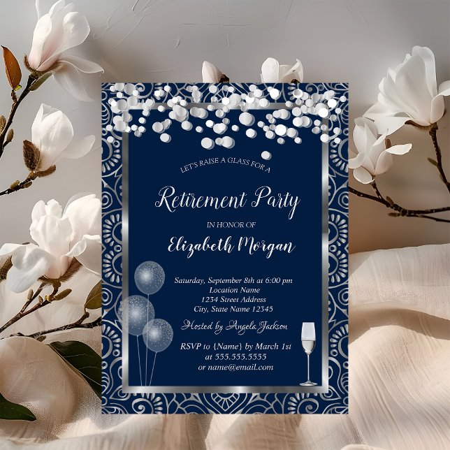 Wine Glass Balloons Silver Mandala Blue Retirement Invitation (Creator Uploaded)