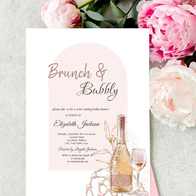 Wine Glass Boho Flowers Pearls Brunch & Bubbly Invitation (Creator Uploaded)