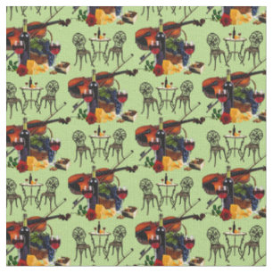 Wine glass, bottle, cheese, rose, violin fabric