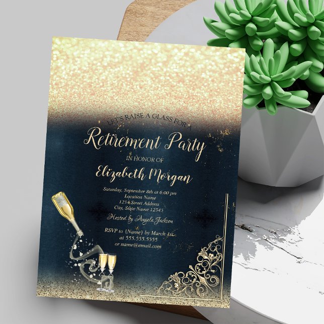 Wine Glass Bottle Glitter Retirement  Invitation (Creator Uploaded)