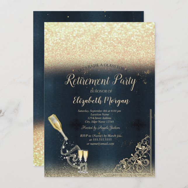 Wine Glass Bottle Glitter Retirement  Invitation (Front/Back)