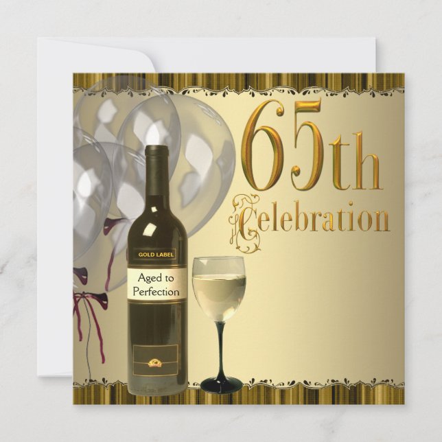 Wine Glass Bottle Gold 65th Birthday Party Invitation (Front)