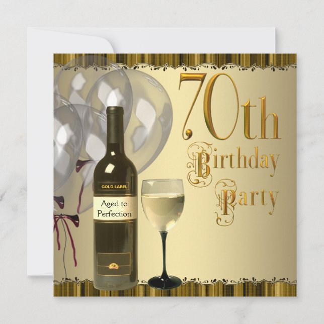Wine Glass Bottle Gold 70th Birthday Party Invitation (Front)