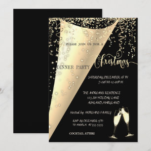 Wine Glass,Confetti, Black ,Gold Christmas Party Invitation
