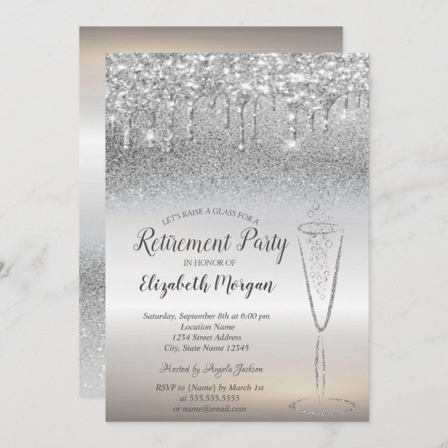Wine Glass Drops Silver Glitter Bokeh Retirement Invitation (Front/Back)