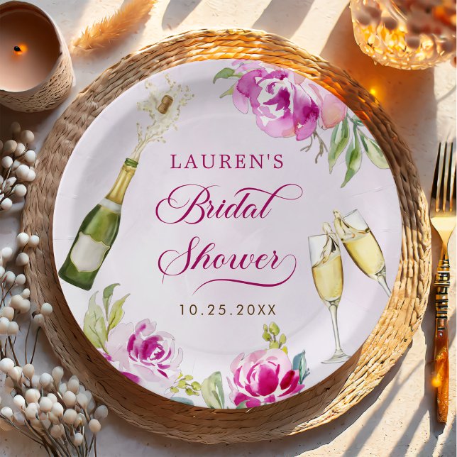 Wine Glass Floral Bridal Shower Paper Plate (Creator Uploaded)