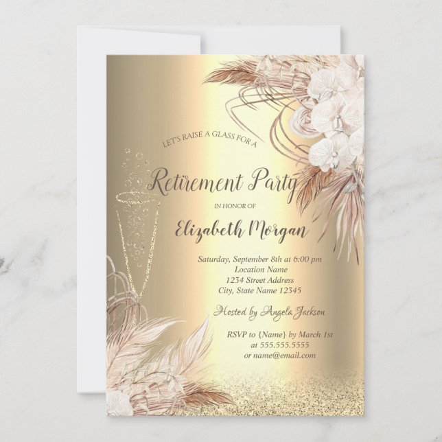 Wine Glass Gold Bokeh, Boho Flowers Reretirement Invitation (Front)