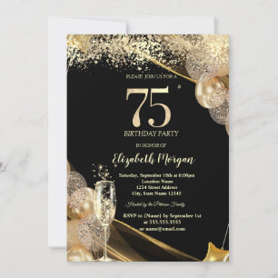 Wine Glass Gold Confetti Balloons 75th Birthday Invitation
