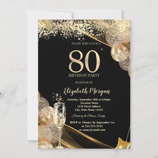 Wine Glass Gold Confetti Balloons 80th Birthday Invitation (Front)