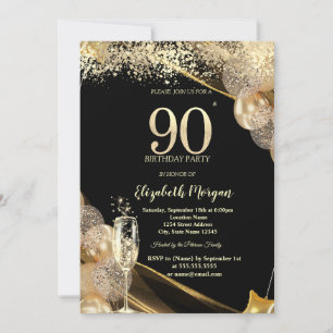 Wine Glass Gold Confetti Balloons 90th Birthday Invitation