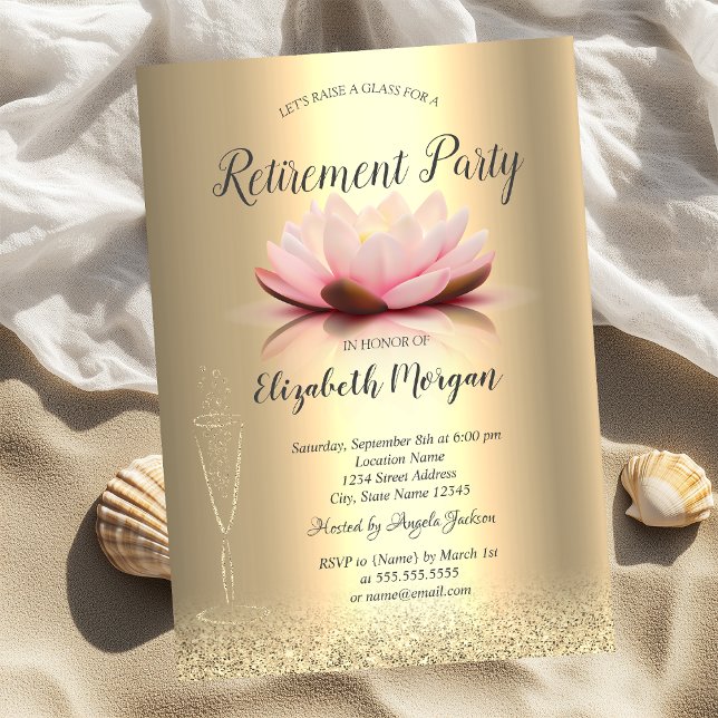 Wine Glass Gold Glitter Bokeh Lotus Retirement Invitation (Creator Uploaded)