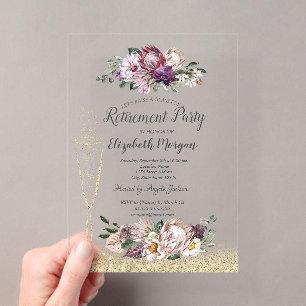 Wine Glass Gold Glitter Tropical Flowers Retire Acrylic Invitations