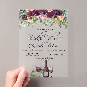 Wine Glass Lights Burgundy Roses Bridal Shower  Acrylic Invitations