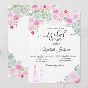 Wine Glass Lights Chic Roses Bridal Shower  Invitation