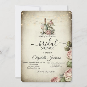 Wine Glass,Lights Roses Rustic Bridal Shower  Invitation