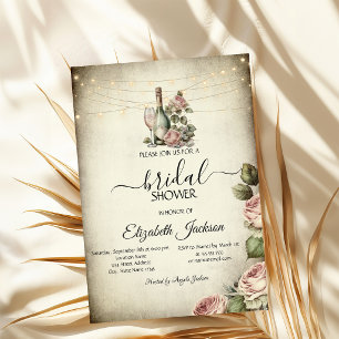 Wine Glass,Lights Roses Rustic Bridal Shower  Invitation