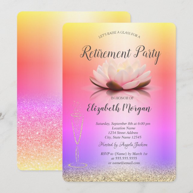 Wine Glass Ombre Glitter Bokeh Lotus Retirement Invitation (Front/Back)