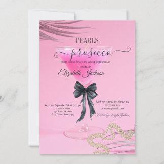 Wine Glass Pearls Bow Pink Bridal Shower Invitation