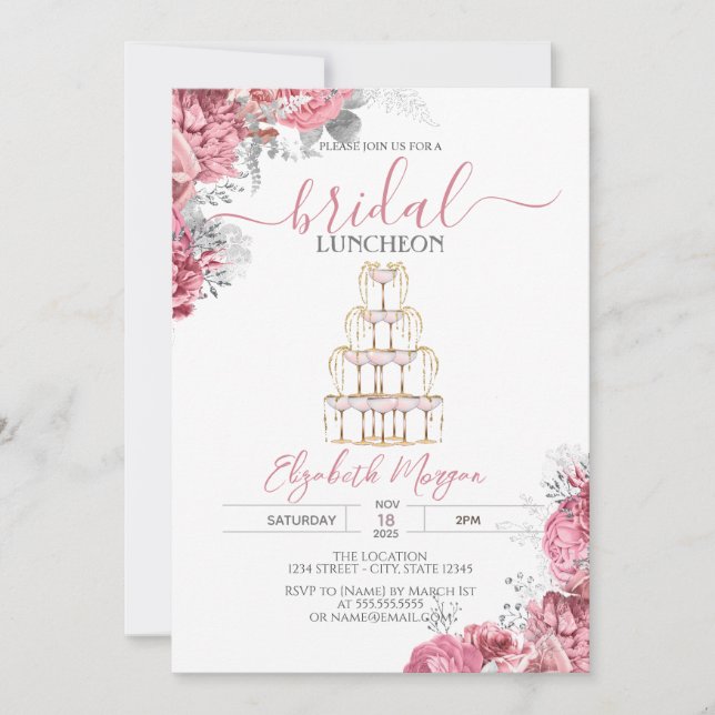  Wine Glass Pink  Roses Bridal Luncheon Invitation (Front)