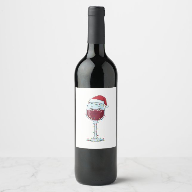 Wine Glass Santa Hat Christmas Lights Funny   Label (Front)