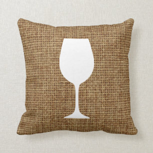 Wine glass silhouette and faux burlap throw pillow