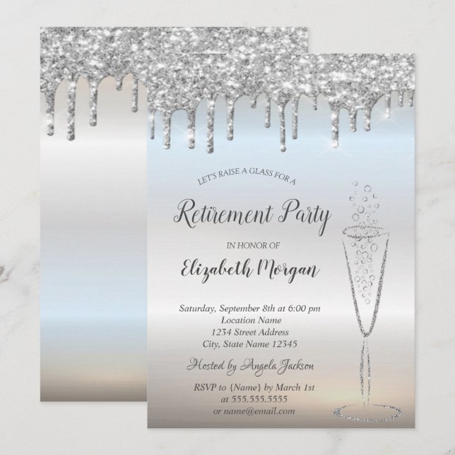 Wine Glass Silver Glitter Bokeh Drops Retirement Invitation (Front/Back)