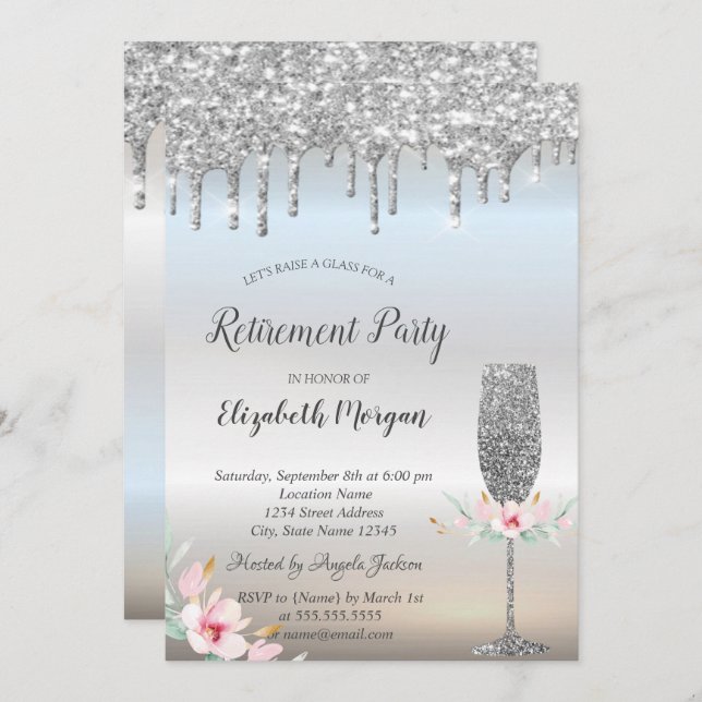 Wine Glass Silver Glitter Drops Floral Retirement Invitation (Front/Back)