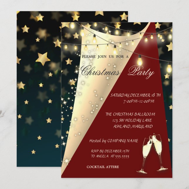 Wine Glass, Stars,Lights Red Black Christmas Party Invitation (Front/Back)