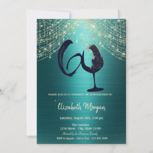 Wine Glass String Lights Green Metallic 60th  Invitation