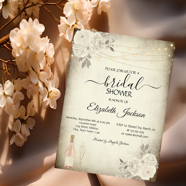 Wine Glass String Lights Roses Bridal Shower  Invitation (Creator Uploaded)