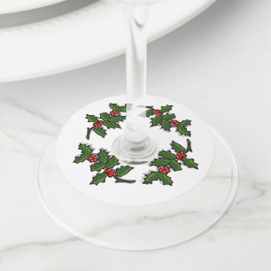 Wine Glass Tag- Holly Leaves and Berries Wine Glass Tag