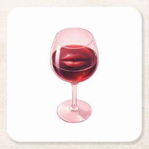 Wine Glass with Red Lips Cocktail Napkins Square Paper Coaster